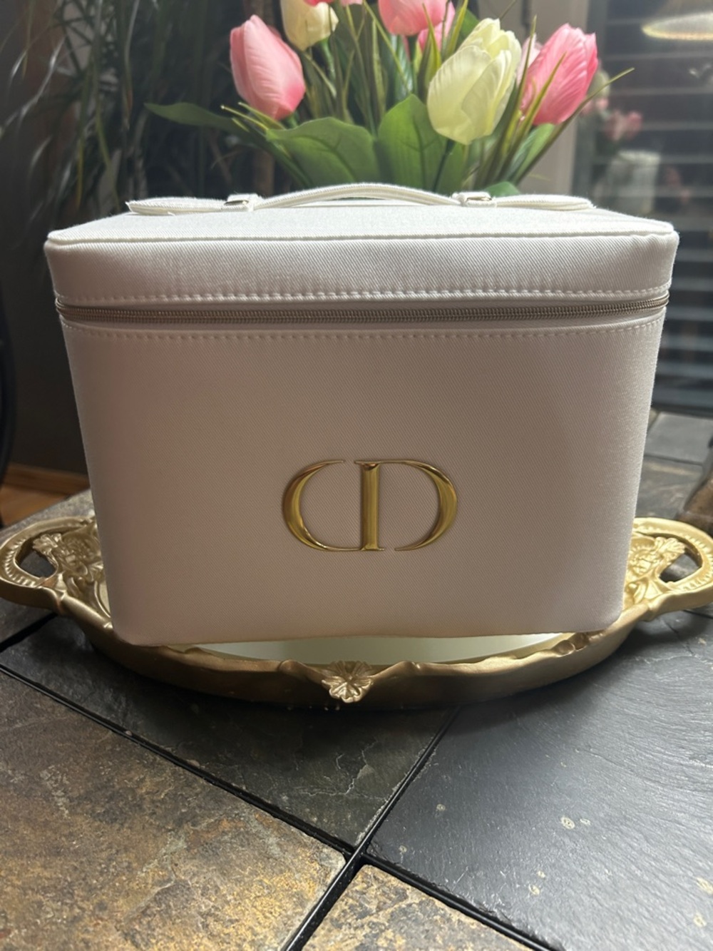DIOR Cream Vanity Case with Gold Emblem - NEW